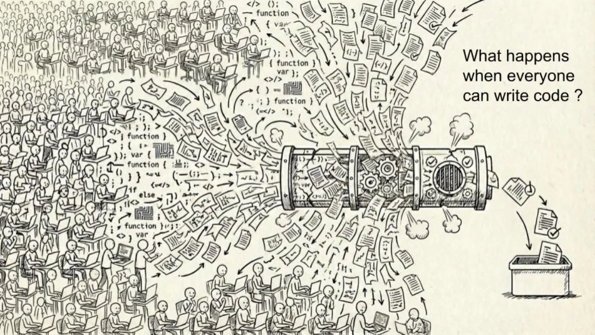 A pen-and-ink illustration. Crowds of figures at laptops fill the left half, their output streaming as a blizzard of code fragments and loose pages into a machine at centre. A single reviewed document emerges from the right and drops into a box. Overlaid text reads "What happens when everyone can write code?"
